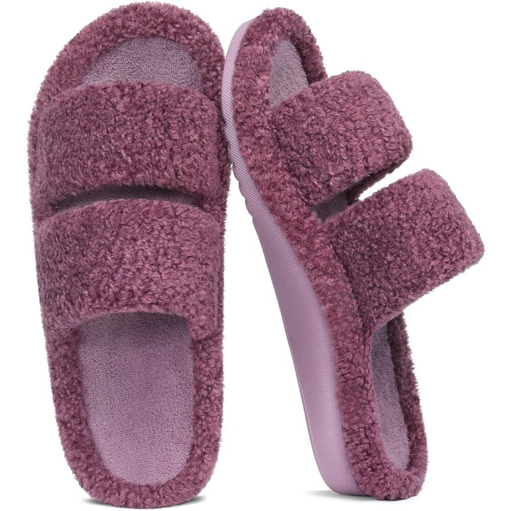 Women's Purple Fuzzy House Slippers with Moderate Arch Support Open Toe Cozy